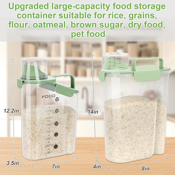 LEAWALK Airtight Rice Storage Container, Cereal Dry Food Flour and Sugar Bin, Dog Cat Food Dispenser with Measuring Cup, BPA Free Clear Plastic Kitchen (Green, 5L-1pack)