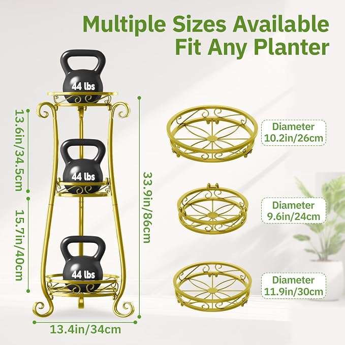 KMOTASUO 3 Tier Metal Plant Stand Tall for Indoor Outdoor Corner, Gold | Heavy Duty Flower Holder Rack, Modern Vertical Iron Shelf for Patio Bathroom Office Garden