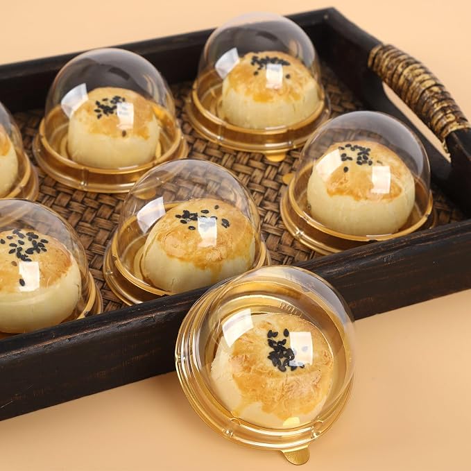 Hewnda 50 Pack 2 Inch Clear Plastic Mini Cake Box, Gold | Muffins Box, Cookies Box, Dome Box, Wedding Birthday Gift Box