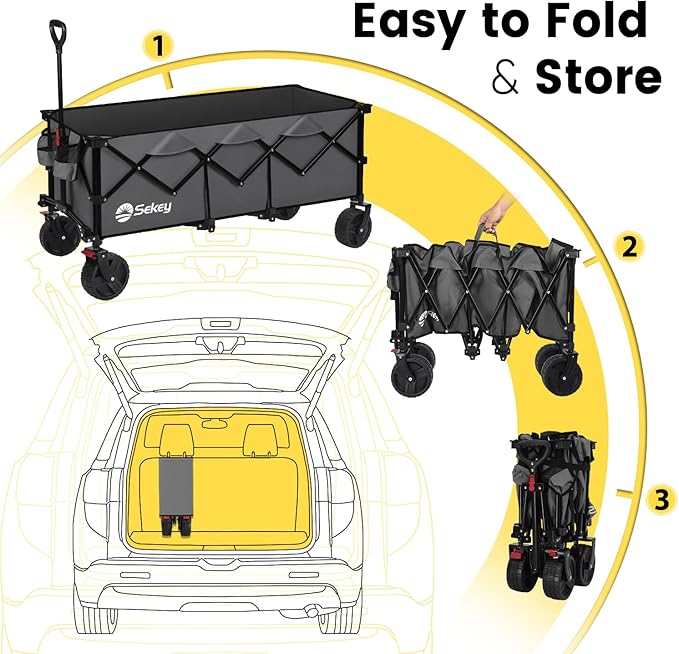 Sekey 48''L Collapsible Foldable Extended Wagon with 660lbs Weight Capacity, Heavy Duty 300L Folding Utility Garden Cart with Big All-Terrain Beach Wheels & Drink Holders. Grey