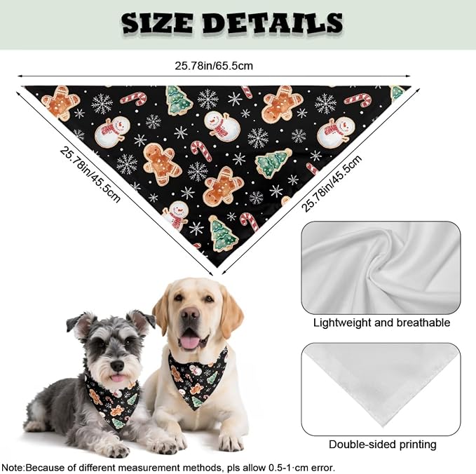 COEQINE Small Dog Bandanas Christmas Bandana for Dogs with Black Pink Hair Tie for Women Holiday Costume Gingerbread People Black Xmas Decor Pattern Triangle Bibs Scarf Accessories