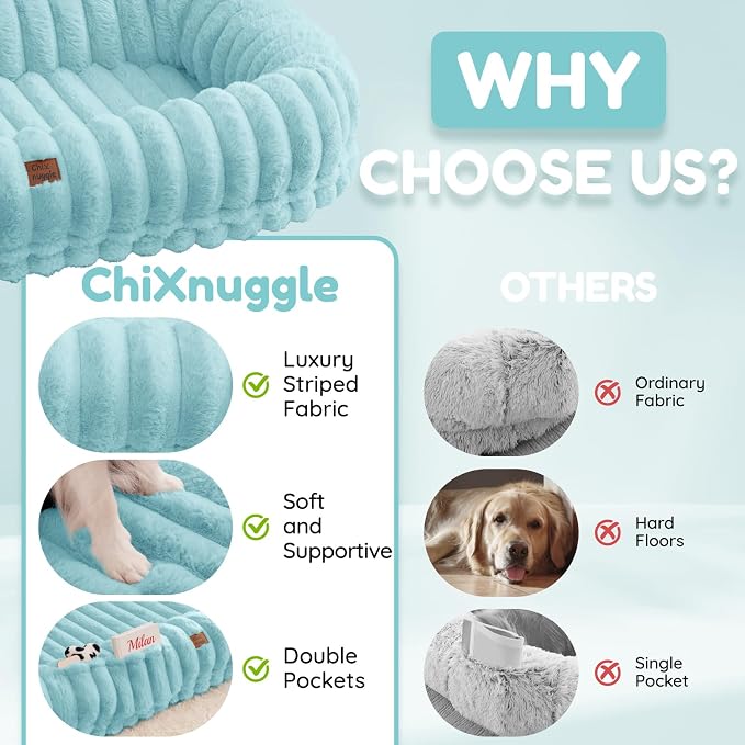 ChiXnuggle Orthopedic Human Dog Bed,Striped Faux Fur Washable Cover,Blanket | blue,72*40*10,giant dog bed for adult or extra large dogs,egg crate foam,non-slip bottom