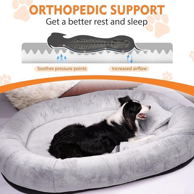 Human Dog Bed for Adults and Pets,71"x45"x14" Human Size Giant Dog Bed,Washable Faux Fur Cover Napping Orthopedic Bean Bag Bed for Humans with Blanket and Pillow,Gray