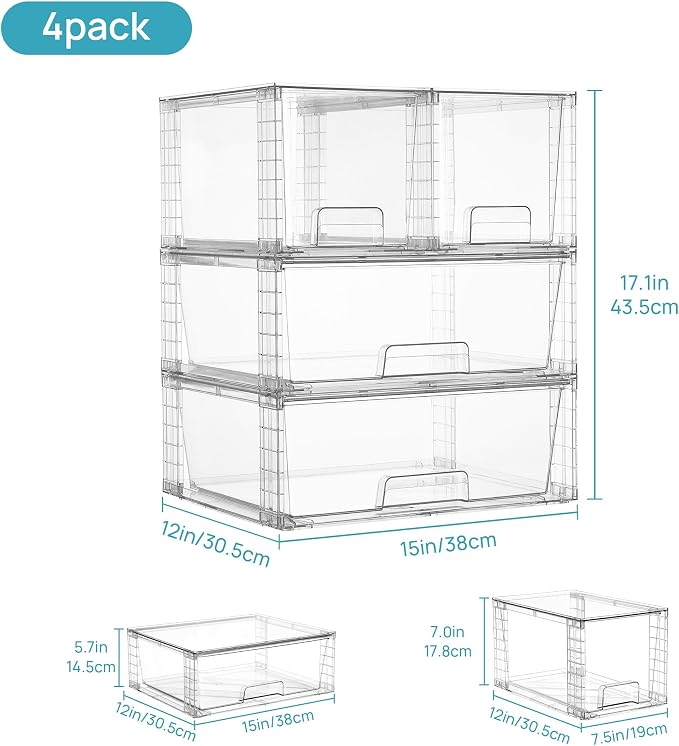Vtopmart Clear Stackable Storage Drawers, 4 Pack Wide Organizer Set | Wide and Medium Pull-Out PET Drawers with Stackable Design for Balanced Storage, Kitchen Cabinets, Closets and Pantry