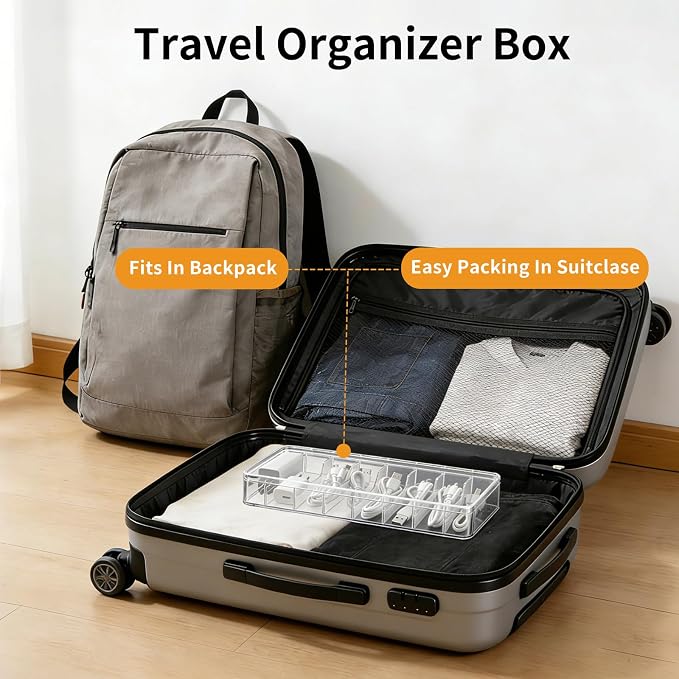 Cable Organizer Storage Box with Lid - Clear Phone Charger Cord Organizer Case - Cables Wire Management Box with Adjustable Compartments 10 Wire Ties for Drawer Desk Office Home Accessories(1 pack)