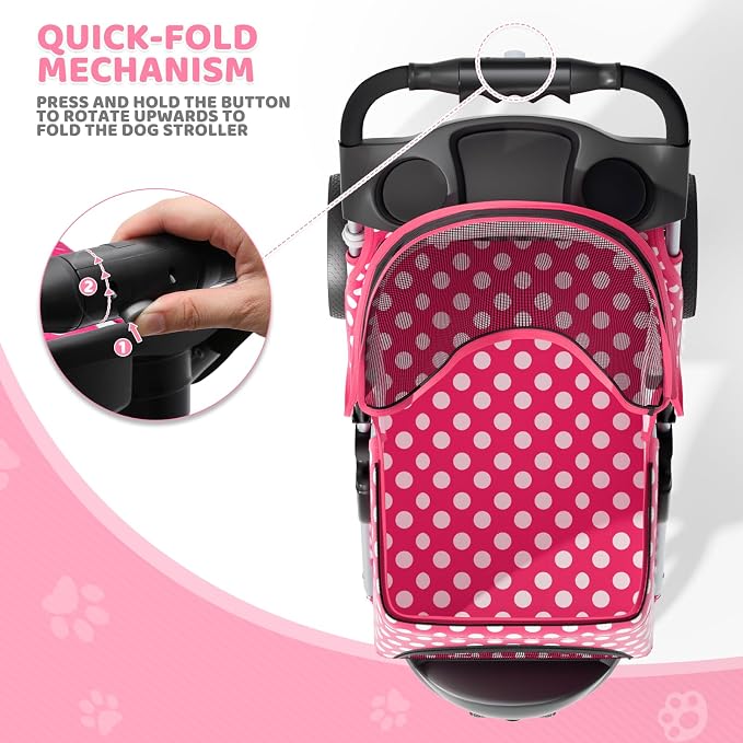 Magshion 3-Wheel Pet Stroller for Small/Medium Dogs & Cats, Up to 33lbs | Foldable Travel Jogger w/ Breathable Mesh Cover, Lightweight Design, Safety Tethers, Cup Holder & Storage Basket