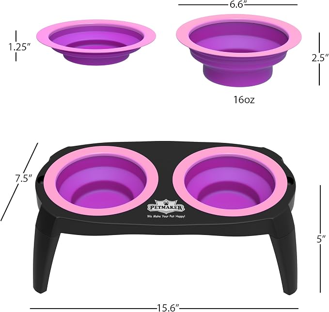 Elevated Cat and Dog Food Bowls with Non-Slip Stand - Removable and Collapsible Silicone Feeder for Food and Water - 16-Ounces Each by PETMAKER (Pink)