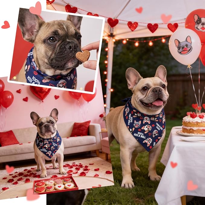 Kiss A Bull Dog Bandanas for Valentine's Day - Cute French Bulldog Pattern - Holiday Costume Pet Scarf with Snap Button for Small & Medium Breeds (5-30lbs)