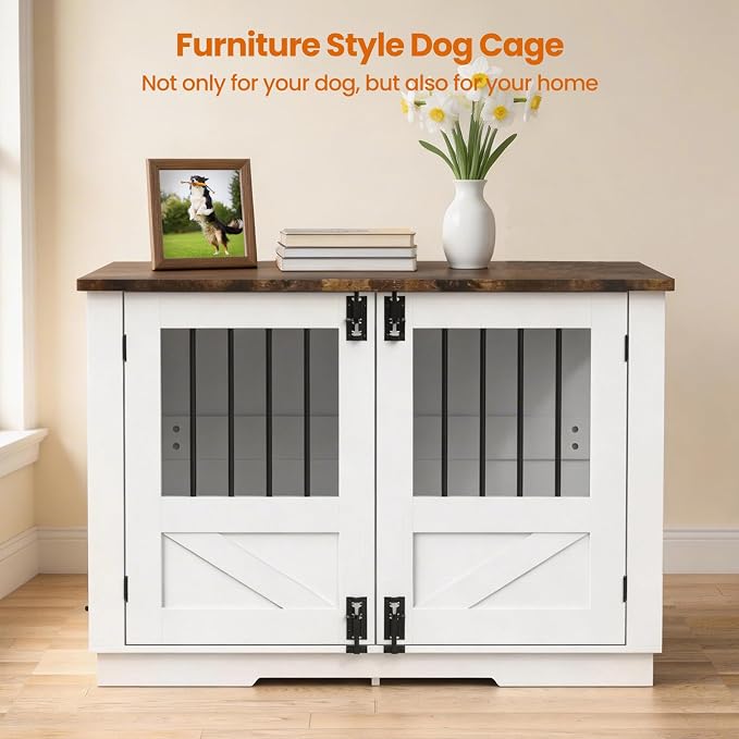 39.4" Dog Crate for Small/Medium Dogs, 3-in-1 Furniture Style Wood Dog Crate End Table TV Stand with 3 Doors, Decorative Pet House Dogs Cage Furniture for Living Room, Bedroom, Entryway, White