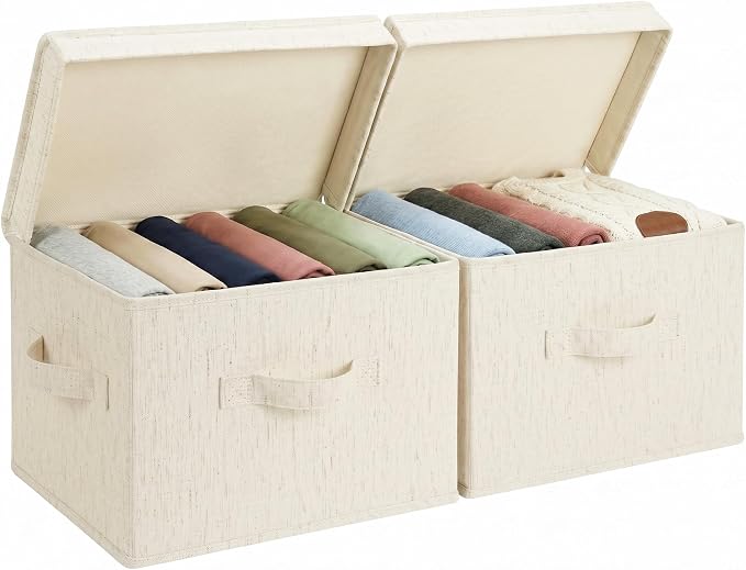 StorageWorks Fabric Storage Bins with Lids, Closet Storage Bins | Flip-Top Lid, 3 Handles, Collapsible, Stackable, for Clothes Blankets, Multi-Purpose, Medium, Rustic Linen, 2-Pack