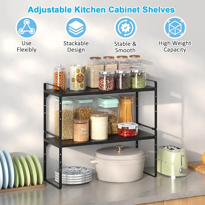 Set of 2 Expandable Cabinet Shelf Organizer, Stackable Kitchen Countertop Shelves Spice Racks, Small Metal Storage Shelf For Cupboard Counter Tabletop, 30 LBS Heavy Duty, Adjustable, 13.8" to 21.6"