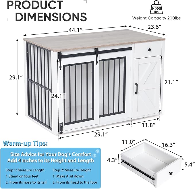 Verano Garden 44" Dog Crate Furniture, Dog Kennel (44" Right Facing Door) | 2-in-1, Lockable, Sliding Door, Removable Divider, Adjustable Shelf, Farmhouse, Heavy Duty, Small Medium Dogs, White