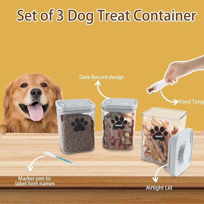 3pack Airtight Dog Treat Jars|48oz POP Dog Cat Food Container|Plastic Dog Cat Treat Container for Kitchen Counter|Puppy Food Bin|Dog Cookie Jar-Keep Food Fresh Crispy-BPA free