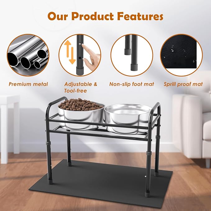 ADENGL Raised Dog Bowl Stand for XLarge & Large Dogs,Table Steel Frame Elevated Dog Bowls Stand with Mat,Non-Slip No Spill,Adjusts to 4 Heights 8.7-13.4", Holds 6-8.7" Diameter Bowl(Bowl Not Included)
