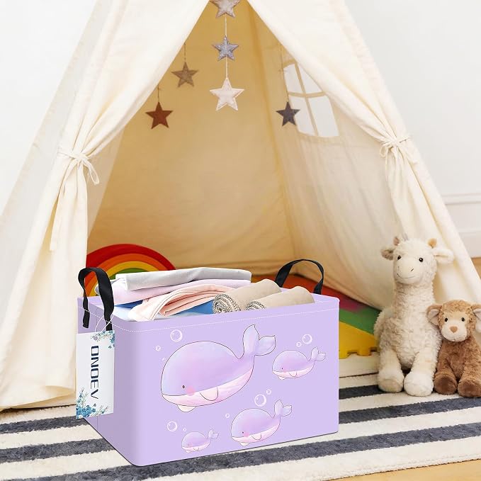 Rectangular Purple Whale Waterproof Collapsible Storage Bin Organizer | stain-proof canvas, reinforced handles, planet print for laundry, study, living room, hallway, closet and playroom