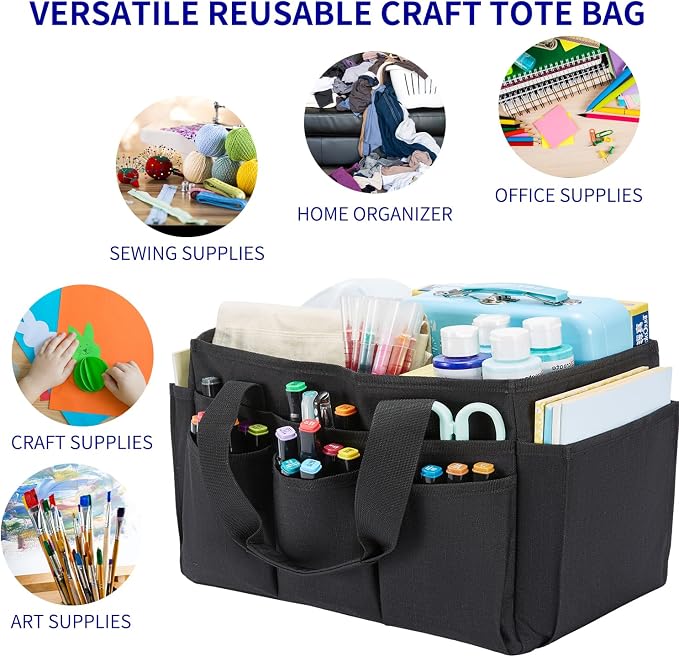 Craft Organizer Tote Bag, Art Storage Caddy with Multiple Pockets | Art Supplies Storage, Sewing Bag, Scrapbooking for School, Home and Office (Black)