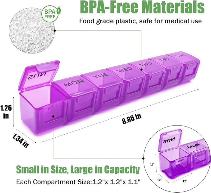 2 Pack Weekly Pill Organizer, Large 7 Day Travel Pill Case (Red & Purple) | Daily Vitamin Case Medicine Box, AM/PM Pill Containers Twice a Day for Medicine Supplements Fish Oil, Portable & Durable