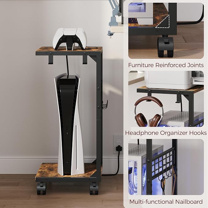PC Stand, Computer Tower Stand with Charging Station, 16.9"W x 11.4"D x 27.6"H, Computer Cart with Wheels and Hooks, CPU Holder for Carpet, Floor and Under Desk, Easy Assembly, Rustic Brown
