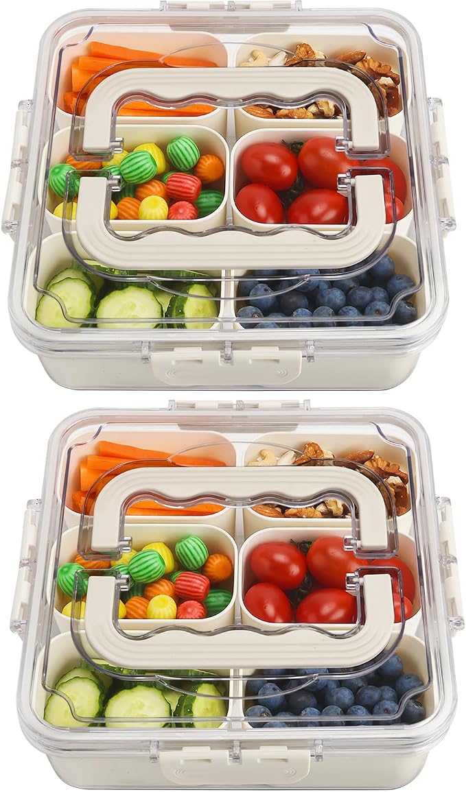 Small Snackle Box Snack Containers with Lids, 2 Pcs Divided Serving Tray | Portable Snack Platter Fruit Veggie Tray Snackele Box Container for Charcuterie, Party, Snack, Nuts, Beach, Travel, Picnic