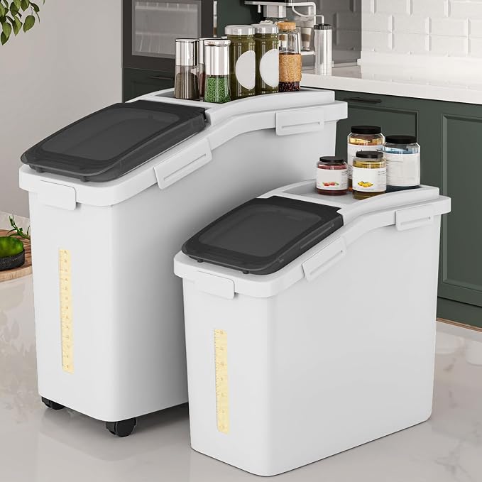 YITAHOME 65L/117lbs Rice Storage Bins, 11.4+5.8 Gal Rice Flour Storage Container with Measuring Cup,BPA Free,Scoop and Wheels for Kitchen| Flour| Pet Food| Grain,2 Counts,White & Black Lid