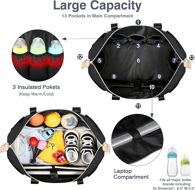 Diaper Bag Tote for Baby 7PCS, Large Mommy Bag with Portable Changing Pad | Multifunctional Hospital Bags for Labor and Delivery with Pacifier Case and Organizer Pouches,Travel Baby Bag for Boy Girl