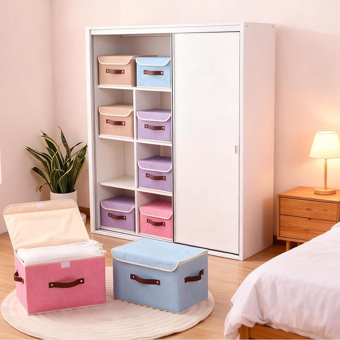 Storage Boxes with Lids Cotton Linen Fabric Bins Baskets | Decorative Collapsible Washable, Clothes Container Organizer for Closet Shelf, w/ Faux Leather Handles, Pink, Large