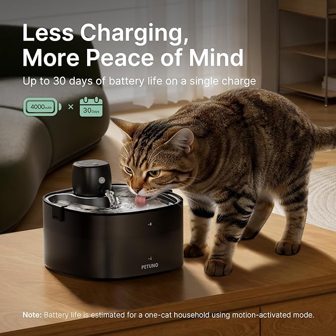 Wireless Cat Water Fountain, Cat Fountain Battery Operated, 78oz/2.3L Pet Water Fountain Cordless, 4000mAh Rechargeable Automatic Fountain with Motion Sensor, Ultra-Quiet Pump & Locking Lid, Silver
