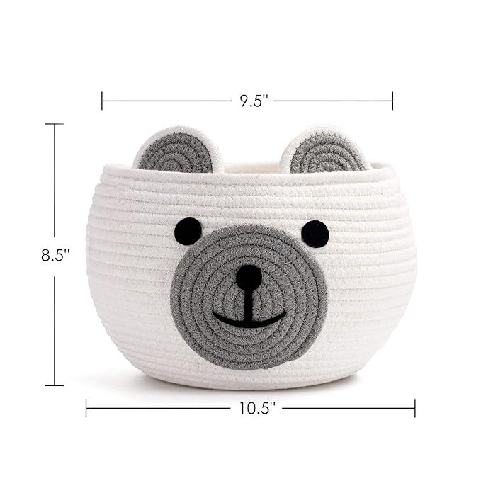CherryNow Baby Basket for Gifts Empty, Cute Bear Design, Light Grey | 10.5" x 8.5" Woven Rope Baby Shower Basket, Fits Living Room Nursery Décor, Small Gift Baskets Empey for Kids