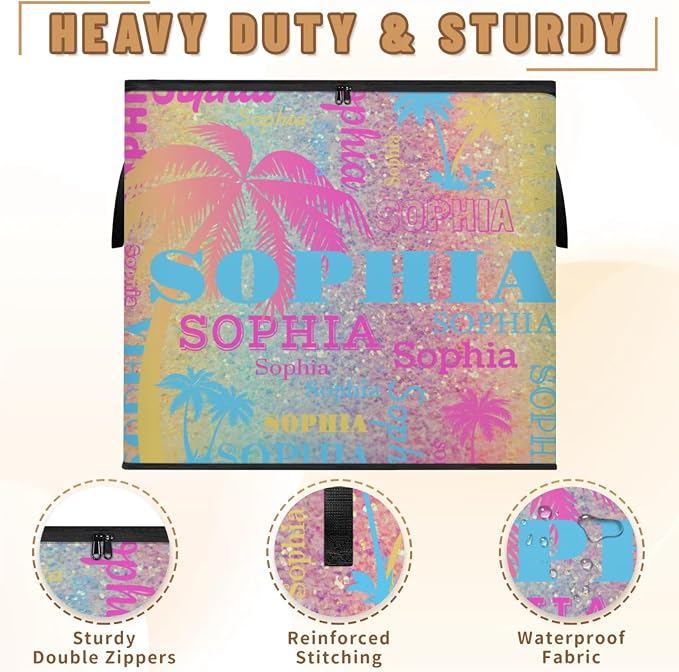Personalized Storage Bags with Lid Large Blanket Clothes Pink Blue Yellow Palm Trees Colorful Glittering Storage Containers for Comforters,Bedding, Foldable Organizer with Reinforced Handle