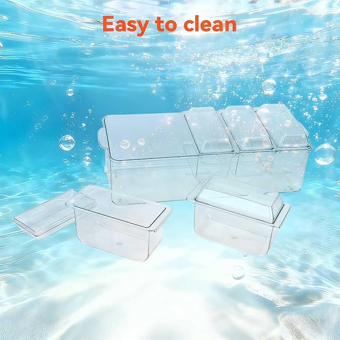 Large Ice Chilled Condiment Caddy，Chilled Condiment Containers Server with Lids for 5 Removable Compartments ，Serving Platters , Fruit & Garnish Tray for Party Supplies & Bar Accessories-Transparent