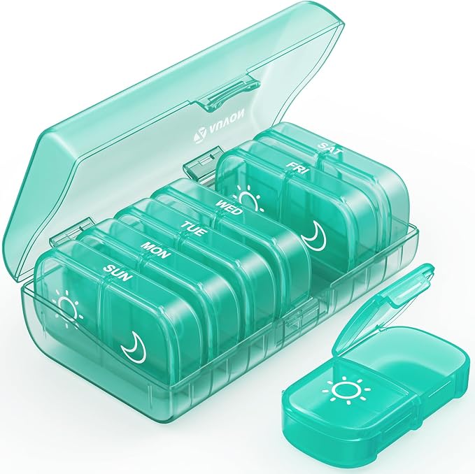 AUVON Weekly Pill Organizer 2 Times a Day, One-Sided Opening, Easy to Use | AM PM Pill Case, XL Pill Box 7 Day, Travel Medication Organizer for Medication, Vitamins, Fish Oils, Supplements, Cyan