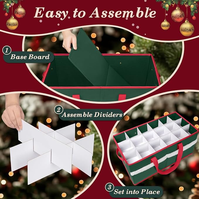 Christmas Ornament Storage Box with Adjustable Dividers Zippered Top Stores up to 54 Holiday Ornaments (4 Inch) Xmas Ball Decorations Organizer Storage Container Bin