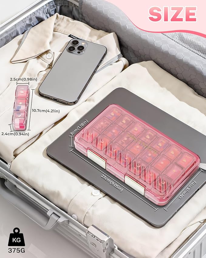 Weekly Pill Organizer 3X a Day - 7 Day Pill Box with 21 Compartments (Morning/Noon/Night), BPA-Free Daily Pill Case, Portable Medicine Organizer for Vitamins, Supplements & Medication【Upgrade】 (Pink)