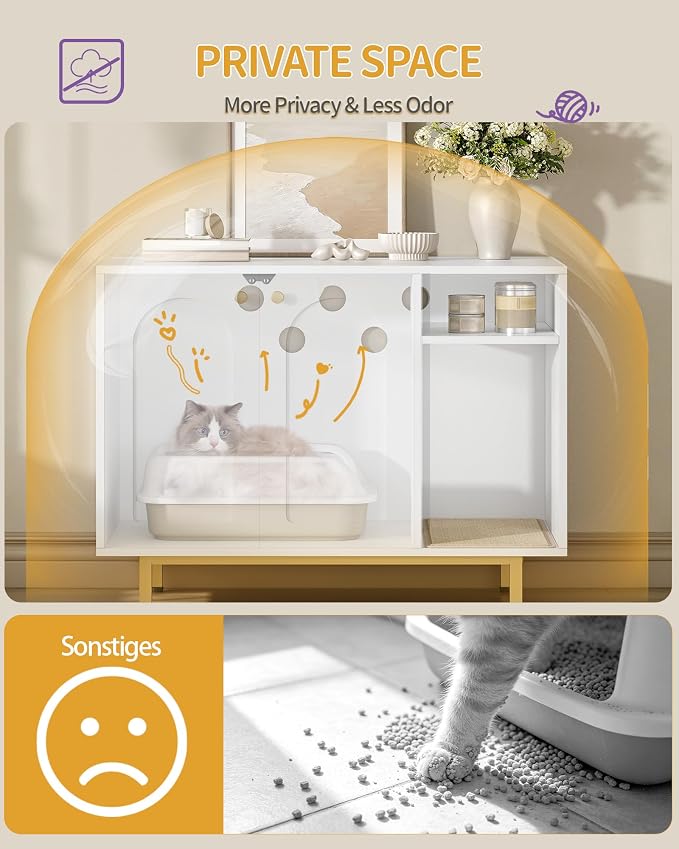 Hzuaneri Cat Litter Box Enclosure, Hidden Litter Box Furniture with Storage | Large Wooden Cabinet with Sisal Mat, Modern Cat Washroom for Living Room, Bedroom, Entryway, White and Gold 01503GCLB