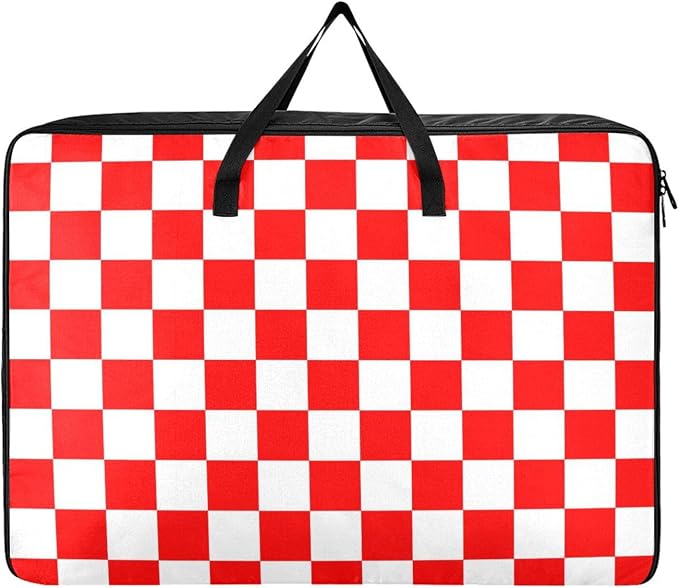 Comforter Storage Bags Large Folding Blanket Organizer Bag with Strong Handles Clear Window Closet Storage Containers for Clothes King Queen Pillows Bedding Quilt Duvet Checkered Red and White