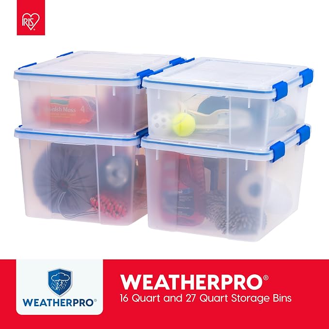 IRIS USA 3-Pack 16 Qt Storage Bins with Gasket Lids, Clear/Blue | WeatherPro seal protects shoes, crafts, documents and supplies from dust and moisture