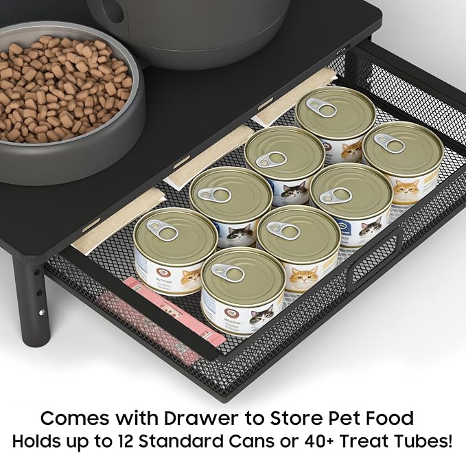W‌SOWX Adjustable Automatic Cat Feeder Stand, Elevated Cat Food Stand,Black | With Drawer and Cat Food Mat,Raises Feeder/Bowls by 4.1"/4.9"/5.7",Relieves Spine and Joints Noticeably on Pets-Sturdy Metal