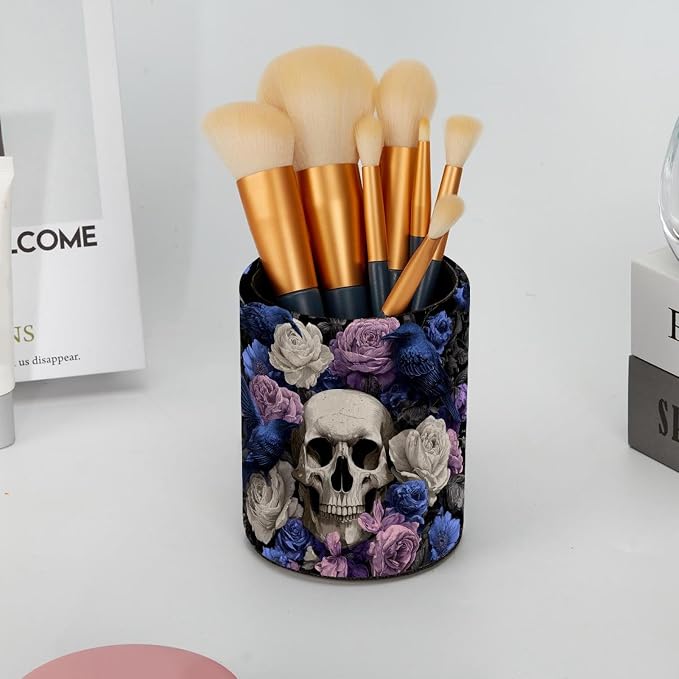 Faux Leather Pen Holder for Desk, Pencil Organizer Skull and Bird Pen Cup Desk Decor Makeup Brush Holder Storage for Office Home