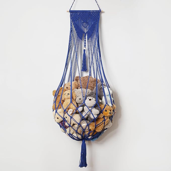 Stuffed Animal Net or Hammock Corner or Wall Hanging Net for Plush Toy Storage Boho Macrame Toy Display Nursery Bedroom Decor Stuffy Animal Toy Organizer (Blue)