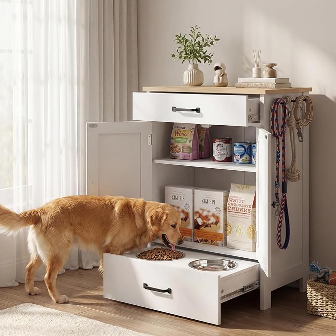 Elevated Stainless Dog Bowls,Feeding Station for Food Storage White Wood | LINLUX Pet Organizer Cabinet With Adjustable Shelf Sliding Drawer Hidden Feeder ,Toy Organization Container for Cats & Dogs