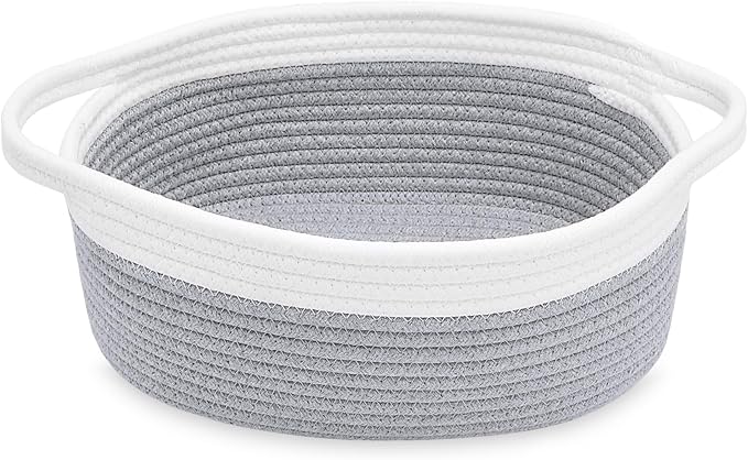ABenkle Small Basket with Handles, Boho Decorative Rope Woven Dog Cat Toy Storage Bin Shelf Storage Organizer, Easter Christmas Gift Basket, 12"x8"x5", Grey