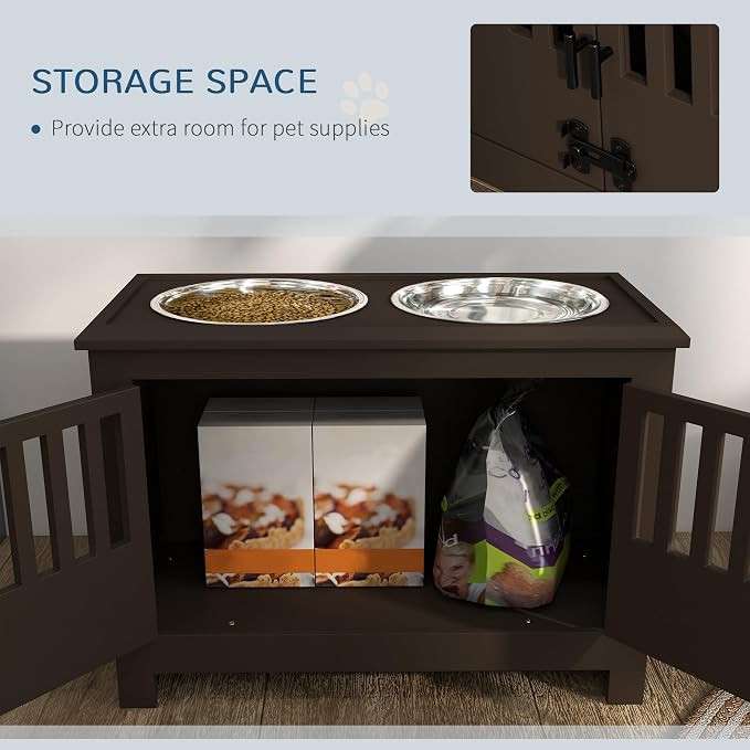 PawHut Large Elevated Dog Bowls with Storage Cabinet - 37L Capacity, Raised Dog Bowl Stand Feeding Station, Espresso | Raised Dog Bowl Stand Pet Food Bowl Dog Feeding Station