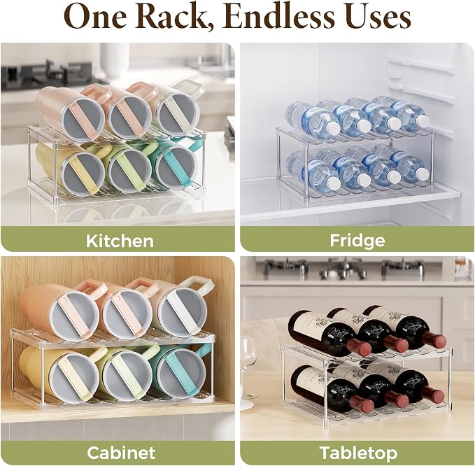 LAMU Stackable Water Bottle Organizer Holder Tumbler Cup Storage Rack | 2 Tier Clear PET Holder for Stanley 16-40oz Large Water Bottle Tumbler Cup Storage for Kitchen Cabinet Pantry Countertop