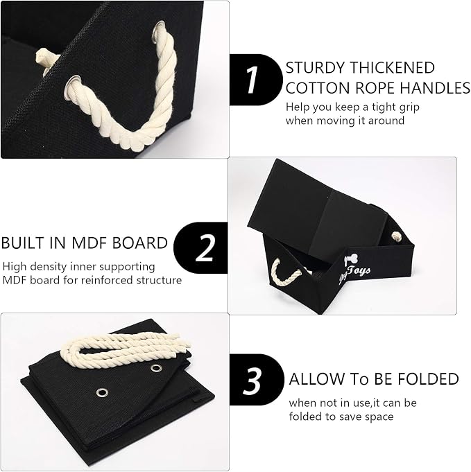 Large Dog Toys Storage Bins - Foldable linen Trapezoid Organizer Boxes with weave Rope Handle, Collapsible Basket for Shelves (Black-DOG)