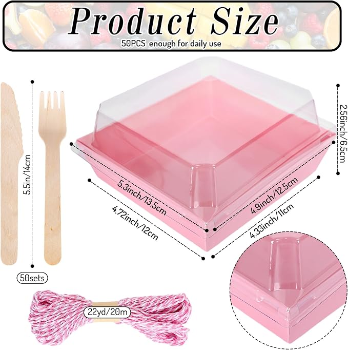 Whaline 50Pcs 4.7 x 4.3 Inch Valentine's Day Small Charcuterie Boxes with Clear Lids Pink Mini Dessert Boxes with Forks and Knives Disposable Food Containers for Sandwich Cookie Sushi Cake Slice Fruit