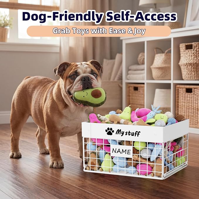 Kaiferty Indestructible Large Dog Toy basket, Chew-Proof Medium Toy Bin for Dogs, Pet Toy Bin Dog Metal Basket for Toys, Puppy Toy Storage Organizer Blankets, Toy Box for Living Room Area (White)