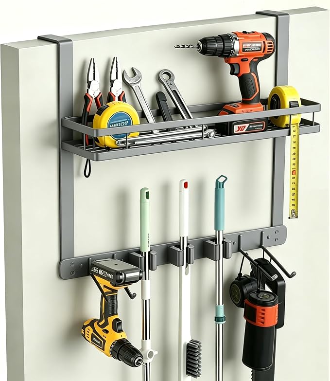Over Door Tool Organizer, Heavy Duty Utility Rack with 3 Slots, 2 Hooks and 1 Basket, Power Tool & Garden Tool Storage for Garage, Workshop, Warehouse, Fits Brooms and Mops - Grey
