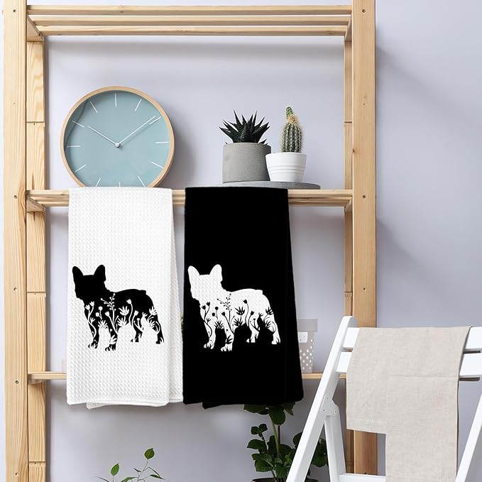 Black and White Pug Flower Kitchen Towels,Pug Weiner Dog Lover Gifts for Women Mom Dish Towels for Kitchen,Weiner Dog Hand Towel Decorative Set for 2