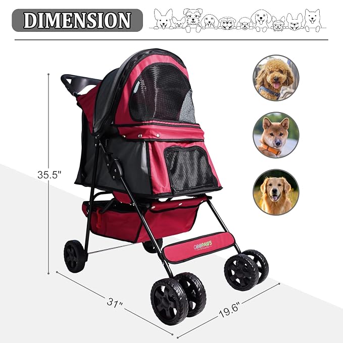 Jespet 4-Wheel Promenade Pet Stroller, Foldable Stroller with Cup Holder | Foldable Dog Stroller, Storage Basket & Cup Holder, Breathable and Visible Mesh for All-Season