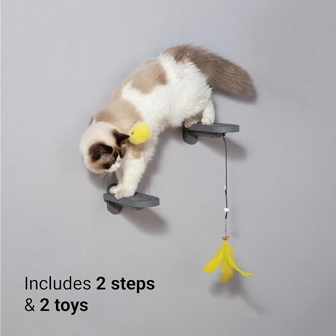 Cat Wall Steps (2-Pack), Climbing Stairs with Replaceable Felt Pad, Cat Shelves with Toy, Dark Grey